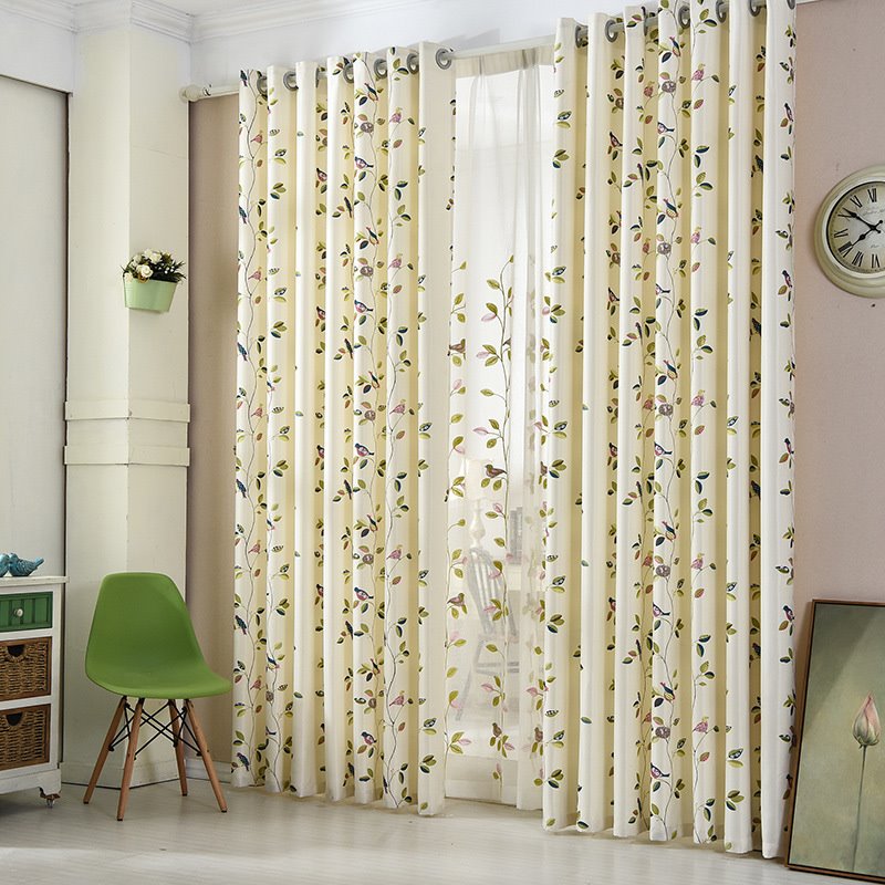 Microfiber Blackout Curtains Beige Branches and Birds Pattern Heat Insulation Home Decor Window Curtains for Living Room Bedroom 2 Panels Decoration Custom