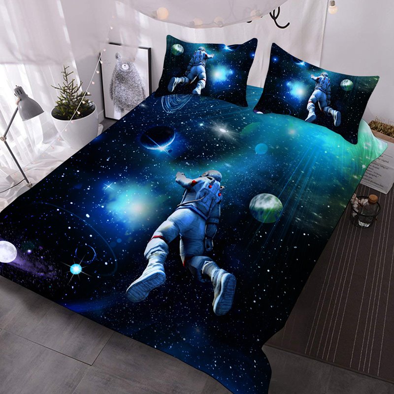 Astronauta del espacio exterior 3D, 3 piezas, relleno de edredón con 2 fundas de almohada, ligero, cálido y suave, color azul 