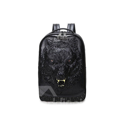 3D Wolf Head Studded Backpack PU Leather Rucksack Shoulder Bag