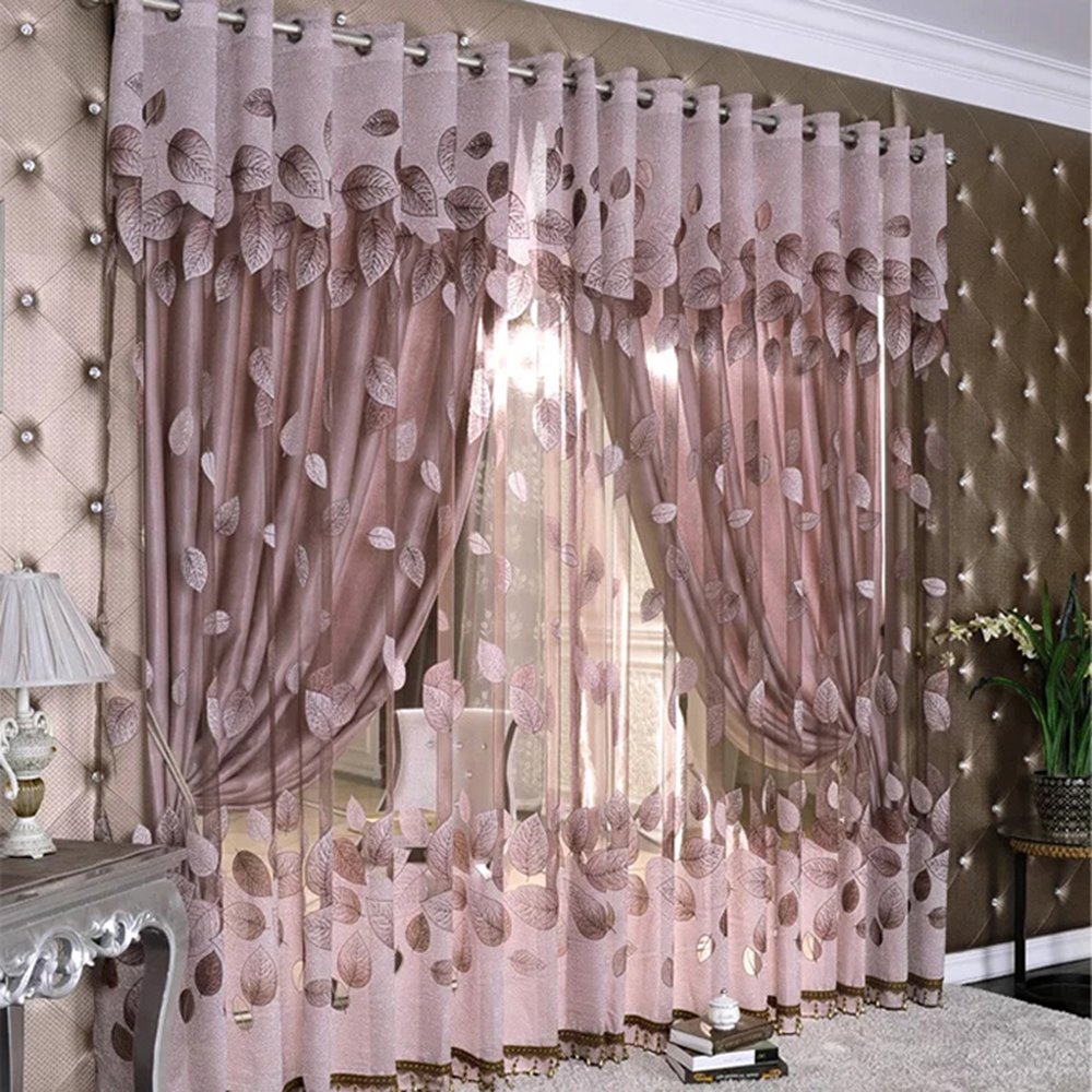 Conjuntos de cortinas de hojas rosas modernas, cortina transparente y con forro, apagón de poliéster para decoración de sala de estar y dormitorio