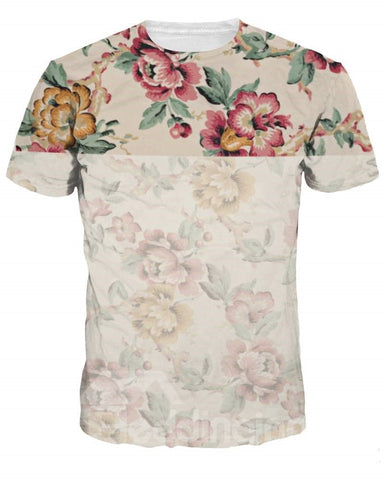 Camiseta linda pintada en 3D con estampado de flores especiales y cuello redondo