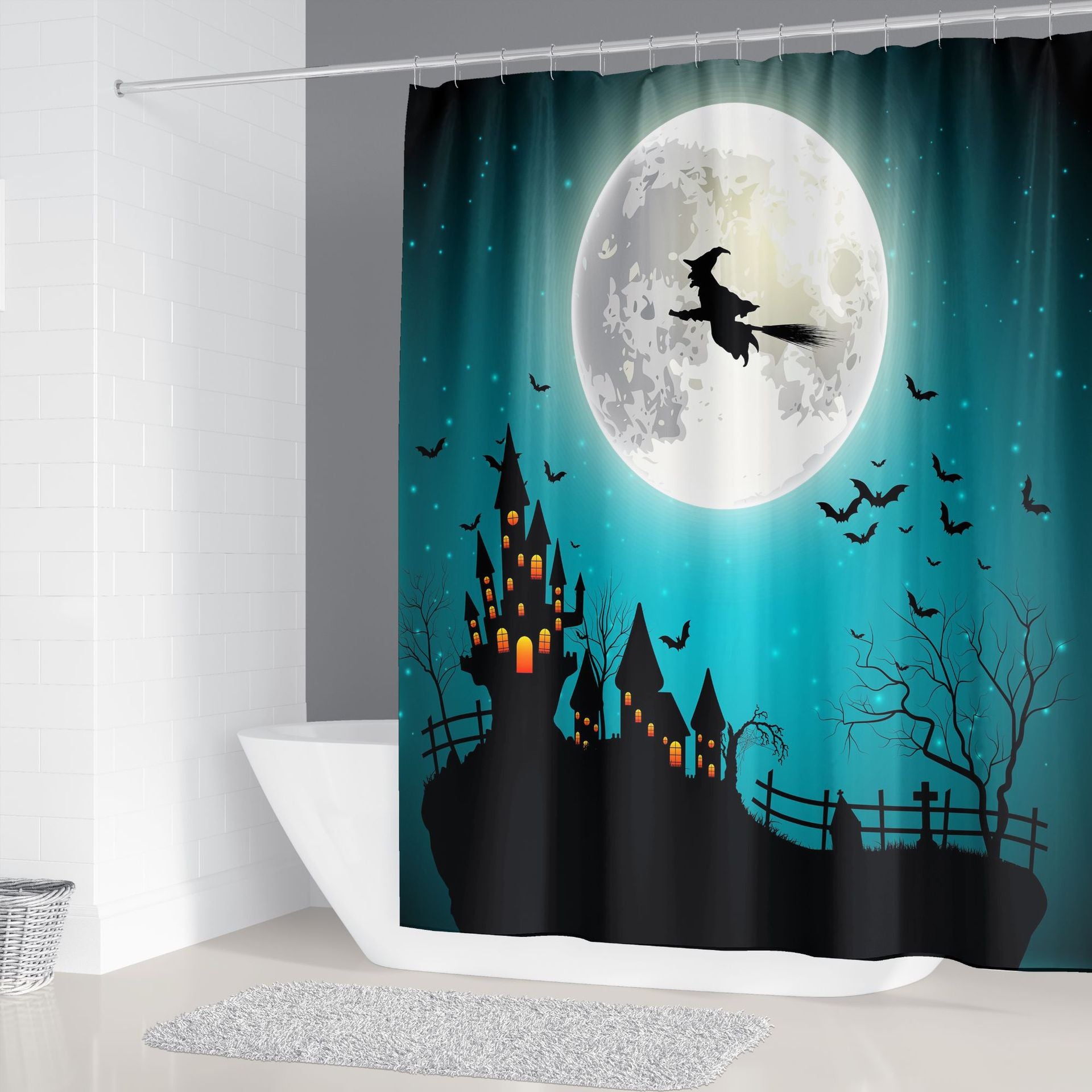 Cortina de ducha 3D de Halloween, Castillo de bruja, Luna, murciélago, cortinas de ducha de baño con ganchos para decoración de Halloween, impermeable, a prueba de moho