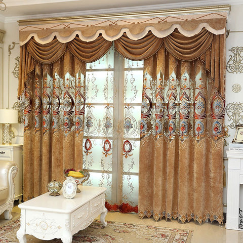 European Coffee Color Shading Curtains Luxurious Embroidery Floral Hollowed-out Curtains for Living Room Bedroom Decoration Custom 2 Panels Drapes No Pilling No Fading No off-lining Chenille