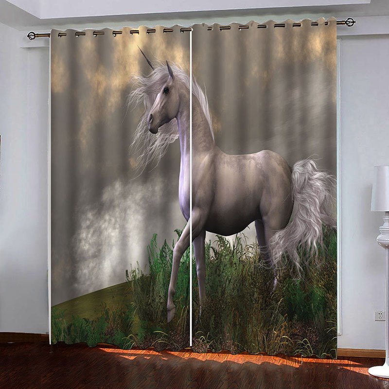 3D Blackout Curtains Running Horse Animal and Plant Print Curtains Panels Window Treatments for Living Room Bedroom Window Drapes 2 Panels Set Home Decorations