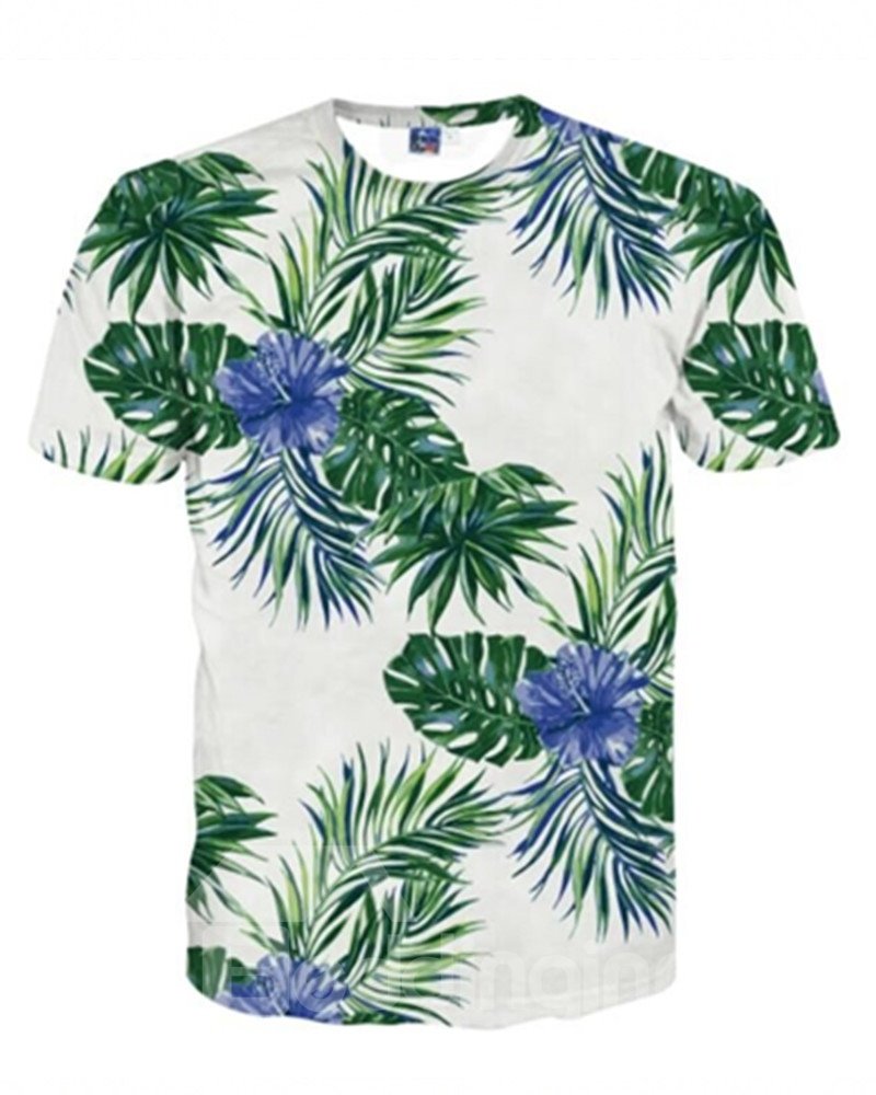 Vivid Round Neck Blue Flower and Leaves Pattern 3D Painted T-Shirt