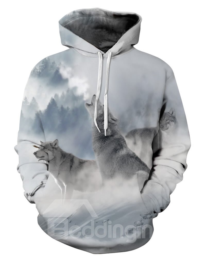 Sudadera con capucha pintada en 3D con patrón de montaña nevada de lobos de manga larga