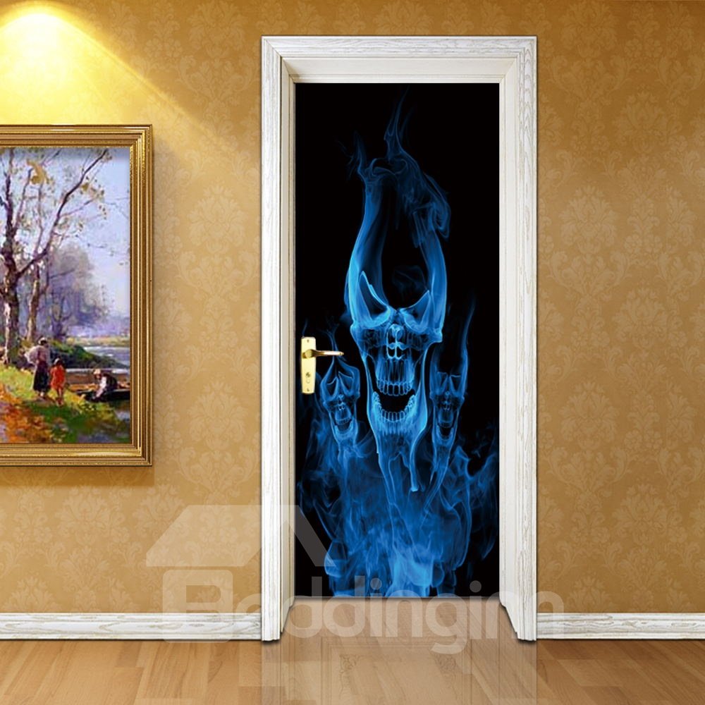 30×79in Blue Skull Smoke Pattern PVC Environmental and Waterproof 3D Door Mural