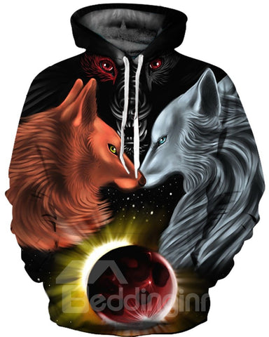 Sudadera con capucha unisex con diseño divertido de lobo, color vibrante, pintada en 3D