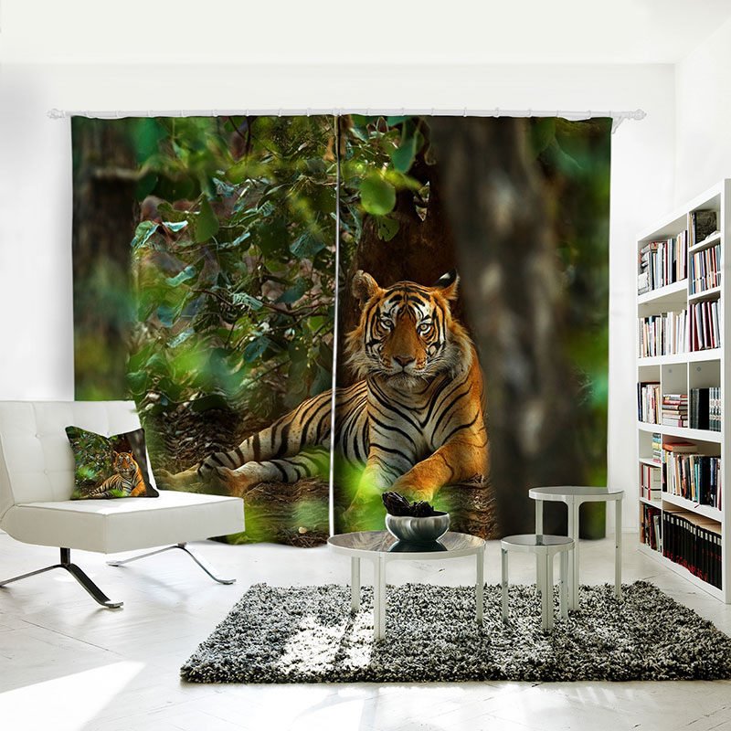 Liegender Tiger 3D-Vorhänge Fensterbehandlungen 3D-Druckvorhänge Tier und Landschaft für Wohnzimmer Schlafzimmer Fenstervorhänge 2-teiliges Set Heimdekoration 