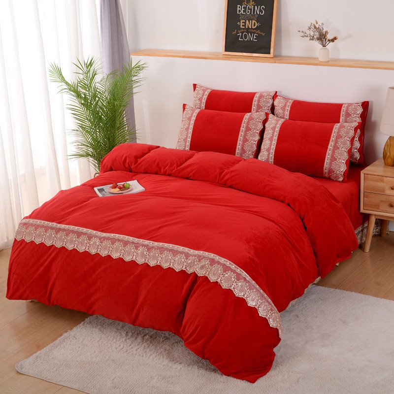 4-teiliges Plüsch-Bettwäsche-Set/Bettbezug-Set mit schlichter Spitze im europäischen Stil, warme, einfarbige, flauschige Bettwäsche 