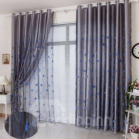 Noble Embroidered Blackout Curtains for Living Room Bedroom Thick Polyester Purple Shading Cloth and Sheer Curtain Set No Pilling No Fading No off-lining