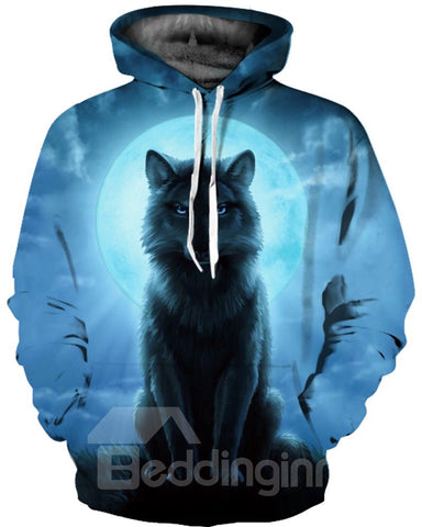 Sudadera con capucha especial pintada en 3D con patrón de luna llena de lobo de manga larga