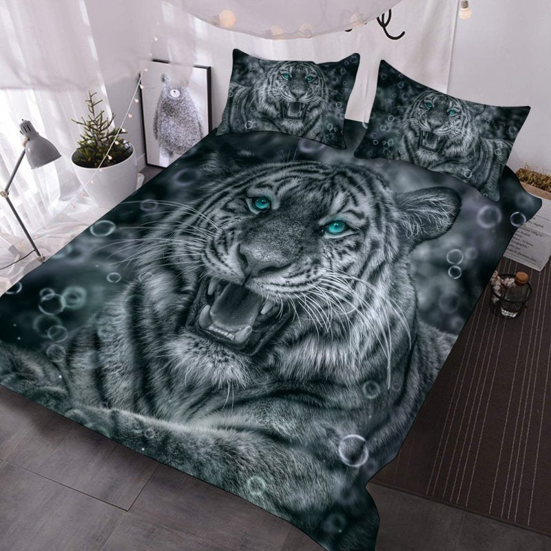 Juego de cama de 3 piezas con estampado animal 3D de tigre rugiente, edredón ligero con 2 fundas de almohada 