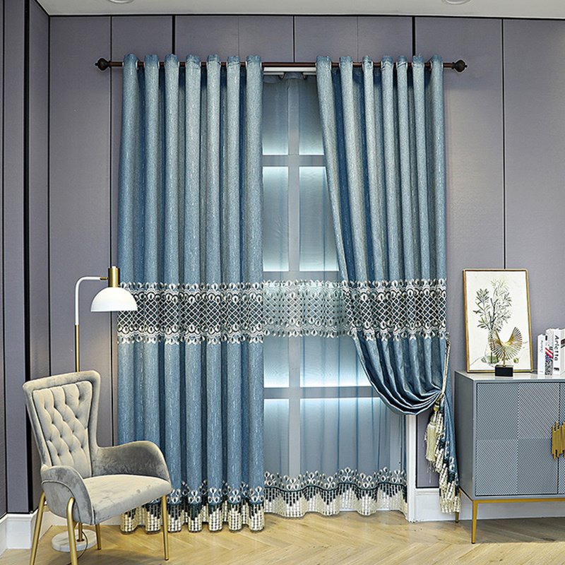 Cortinas opacas Chenille Azul Vintage Bordado Sombreado Cortinas con ojales Nobles y elegantes para la decoración del dormitorio de la sala de estar Cortinas personalizadas de 2 paneles 