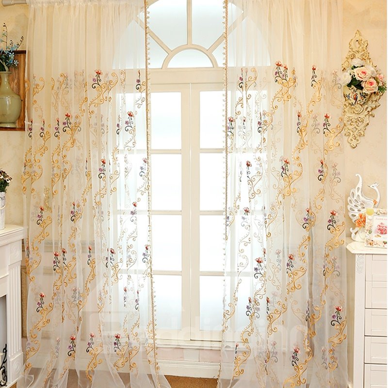 Elegantes materiales de organza de lujo con flores bordadas, cortina transparente para sala de estar