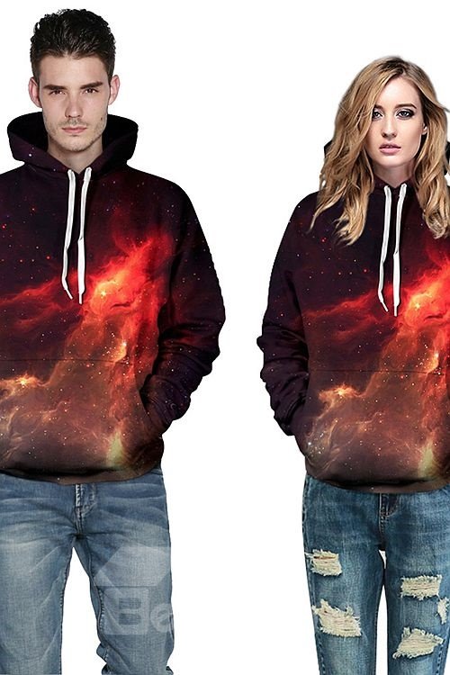 Pretty Long Sleeve Starry Sky Red Galaxy Pattern 3D Painted Hoodie