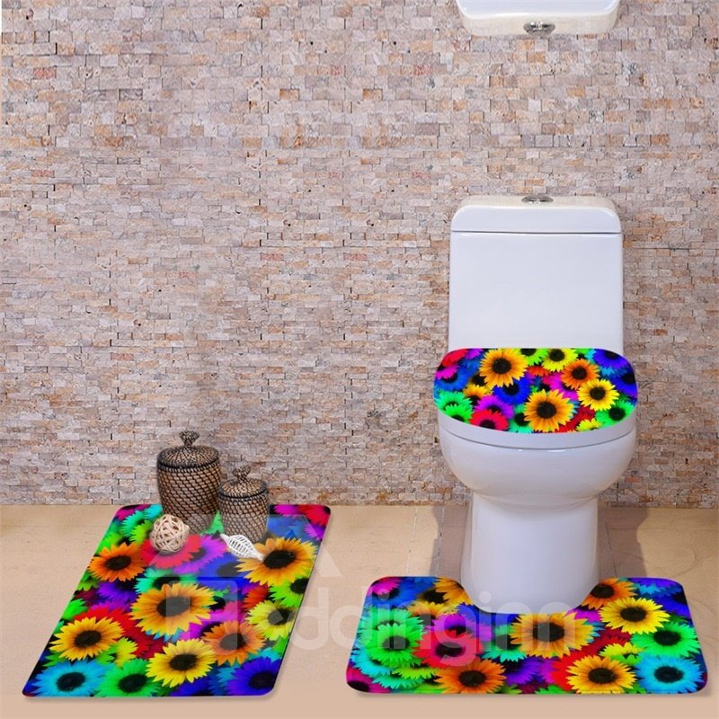 Funda de asiento de inodoro de 3 piezas de franela con estampado de girasoles coloridos en 3D