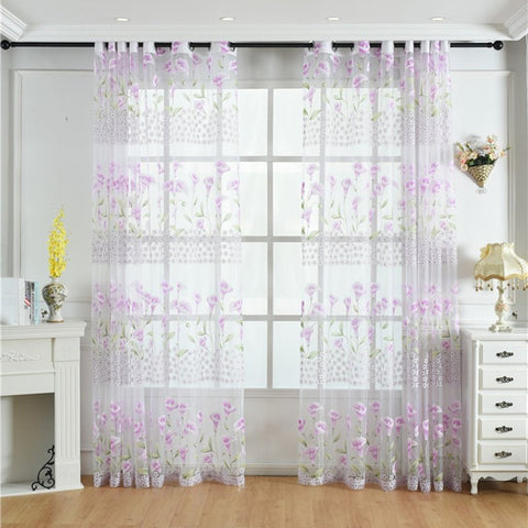 Pastoral Style Morning Glory Print Custom Living Room Sheer Curtains Breathable Voile Drapes Never Fading Cracking Peeling or Flaking