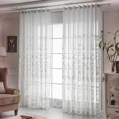 European White Sheer Curtain Decorative Embroidered Polyester Damask 2 Panels Curtain