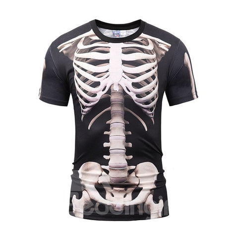 Black Skeleton Printing Polyester Sports Round Neck Men's 3D T-Shitrs