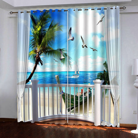 3D Seaside Scenery Blackout Living Room Bedroom Curtains No Pilling No Fading No off-lining Machine Washable