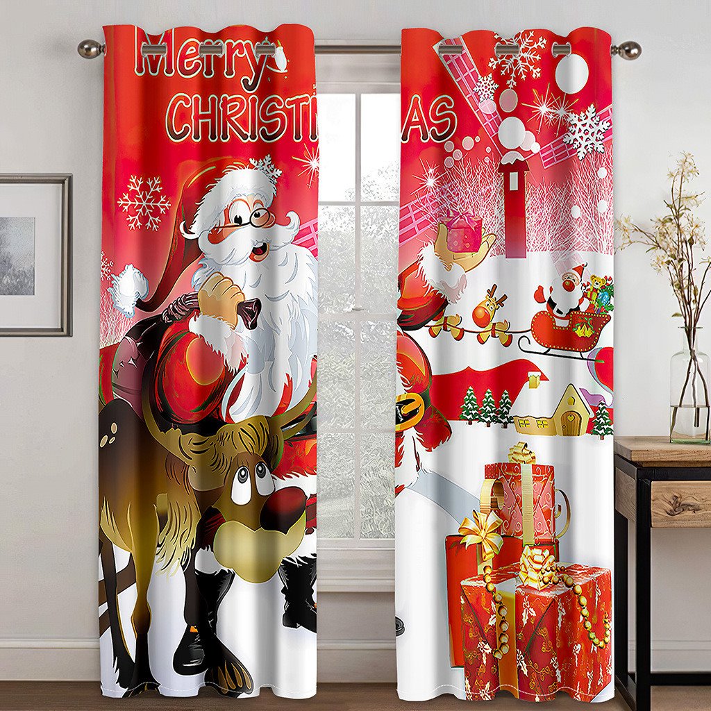 Santa Claus 3D Print Christmas Red Curtains Polyester Blackout Custom Christmas Curtains for Living Room and Bedroom