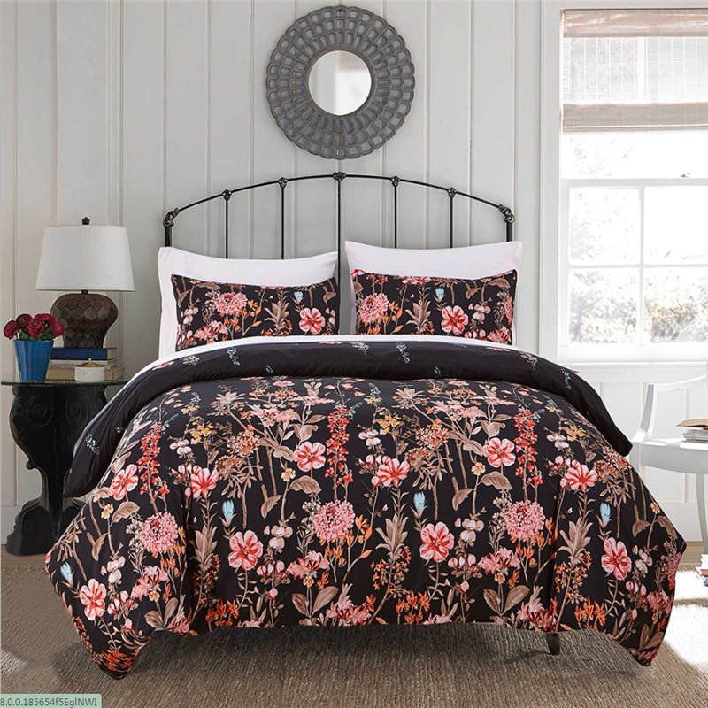 3-teiliges Bettwäsche-Set mit Aquarell-Blumenmuster im pastoralen Stil, Bettbezug mit Reißverschluss und Bändern