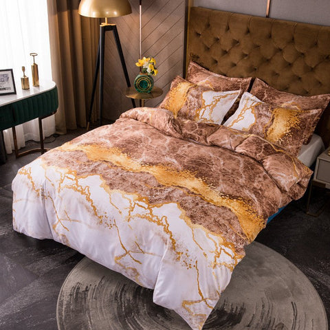 Juego de cama/funda nórdica de 3 piezas con estampado de mármol dorado y 2 fundas de almohada de poliéster 