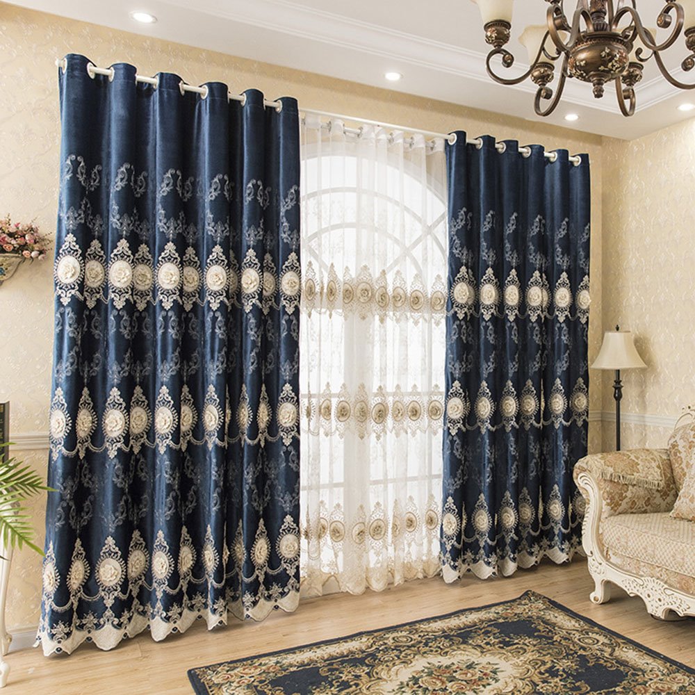 European Thicken Embossed Embroidered Shading Curtains Blue Velvet Blackout Curtain for Living Room Bedroom Decoration Custom 2 Panels Drapes No Pilling No Fading No off-lining