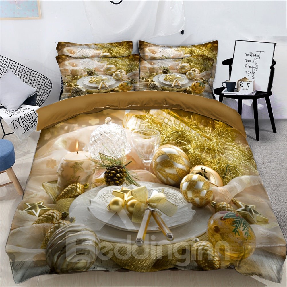 Goldene dekorative Kugel, 4-teiliges 3D-Weihnachtsbettwäsche-Set/Bettbezüge