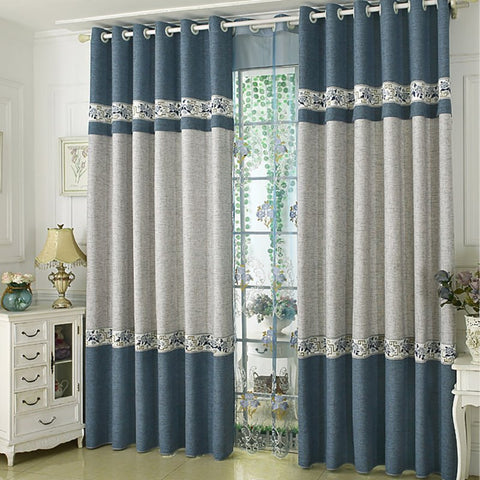 Linen Blackout Curtains Blue Vintage Embroidery Shading Grommet Curtains Noble and Elegant for Living Room Bedroom Decoration Custom 2 Panels Drapes