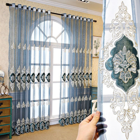 Luxury Embroidered Breathable Custom Blue Living Room Bedroom Sheer Curtains No Pilling No Fading No off-lining