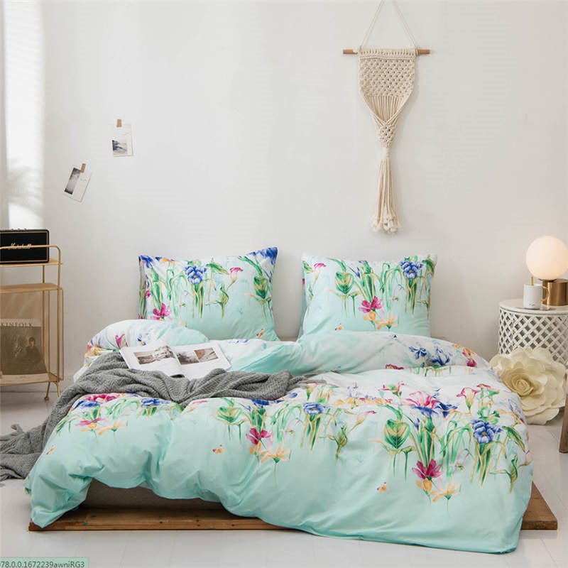 Juego de cama de 3 piezas con diseño de flores de acuarela de estilo pastoral, funda nórdica con cremallera y corbatas