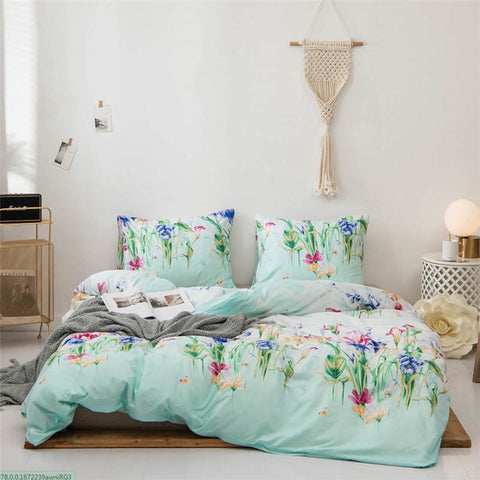 3-teiliges Bettwäsche-Set mit Aquarell-Blumenmuster im pastoralen Stil, Bettbezug mit Reißverschluss und Bändern
