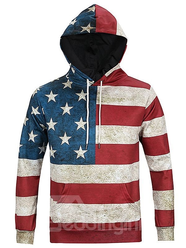 Langärmliger Kapuzenpullover mit amerikanischem Flaggenmuster und 3D-Bemalung