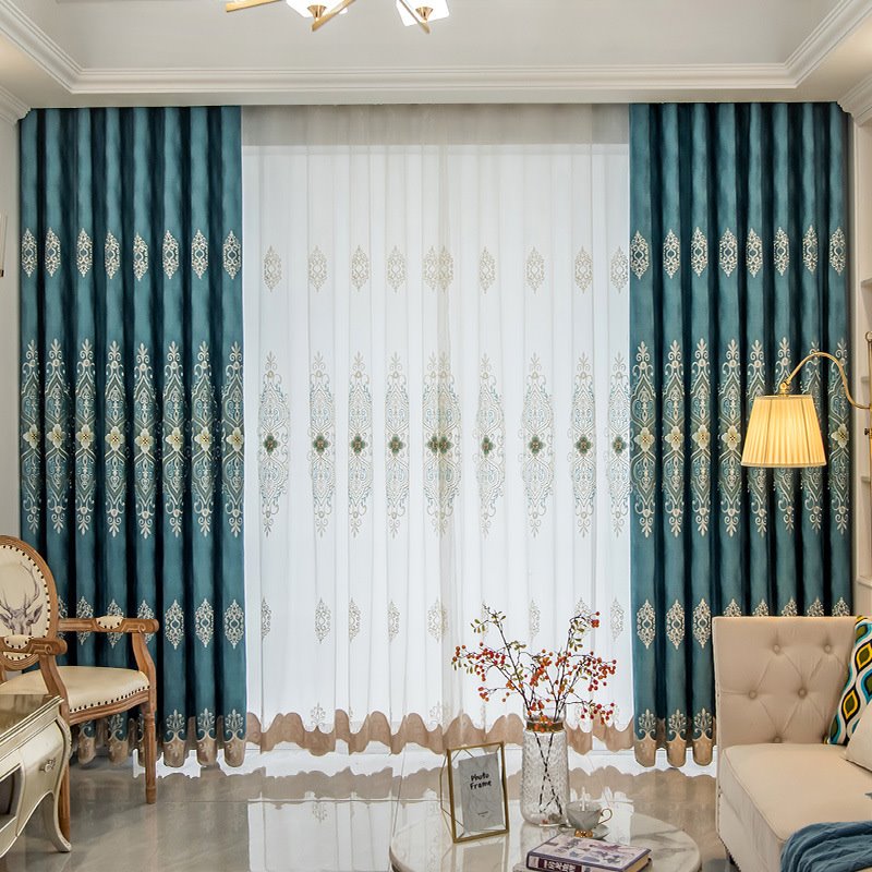 Stickerei-blaue Verdunkelungsvorhänge, elegante Luxus-Fenstervorhänge für Wohnzimmer, Schlafzimmer, individuelles Set mit 2 Vorhängen