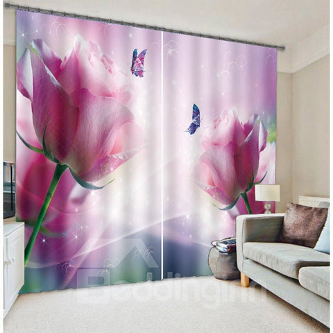 Cortina personalizada 3D con estampado de rosa rosa y hermosa mariposa púrpura para sala de estar